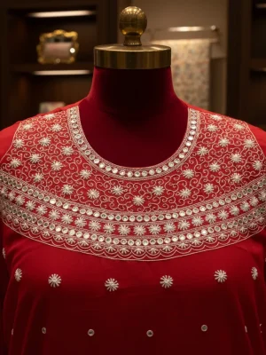 Exclusive Red Cotton Unstitched Heavy Mirror & Embroidery Work