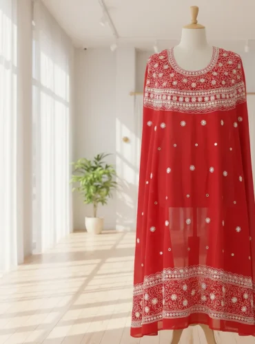 Exclusive Red Cotton Unstitched Heavy Mirror & Embroidery Work