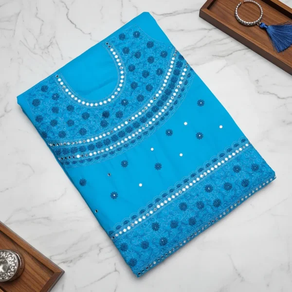 Exclusive Sky Blue Cotton Unstitched with Heavy Mirror & Embroidery Work