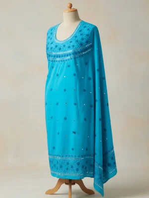 Exclusive Sky Blue Cotton Unstitched with Heavy Mirror & Embroidery Work