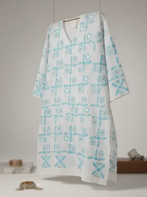 Exclusive White Cotton Unstitched One-Piece with Sky Blue Chikankari & Mirror Work