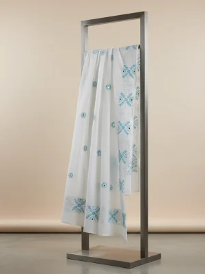 Exclusive White Cotton Unstitched One-Piece with Sky Blue Chikankari & Mirror Work