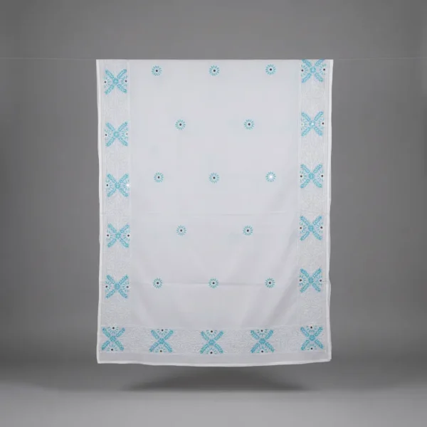 Exclusive White Cotton Unstitched One-Piece with Sky Blue Chikankari & Mirror Work
