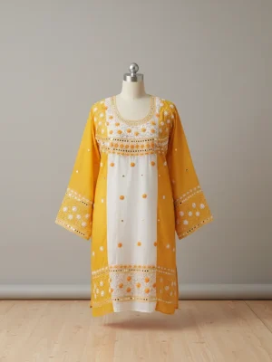 Exclusive Yellow & White Contrast Unstitched Cotton Three-Piece with Mirror Work