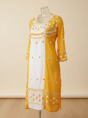 Exclusive Yellow & White Contrast Unstitched Cotton with Mirror Work