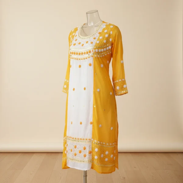Exclusive Yellow & White Contrast Unstitched Cotton with Mirror Work