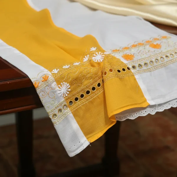 Exclusive Yellow & White Contrast Unstitched Cotton with Mirror Work