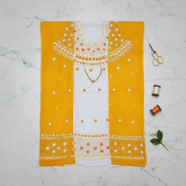 Exclusive Yellow & White Contrast Unstitched Cotton with Mirror Work