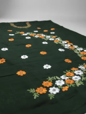 Handmade Customized Exclusive Bottle Green Cotton Unstitched with Floral Embroidery