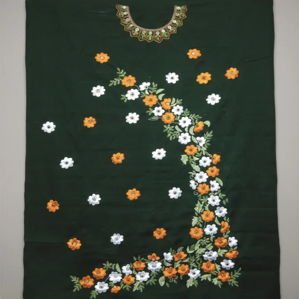 Handmade Customized Exclusive Bottle Green Cotton Unstitched with Floral Embroidery