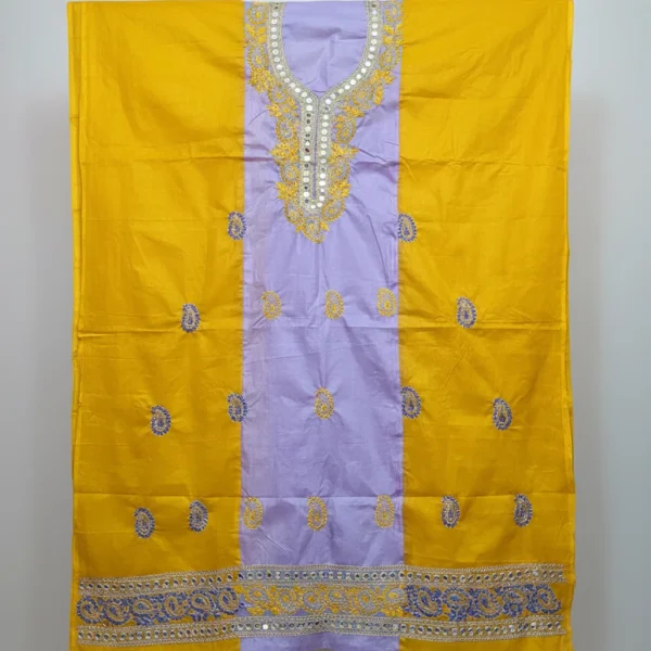 Handmade Customized Exclusive Yellow & Purple Contrast Unstitched Two-Piece with Mirror Work