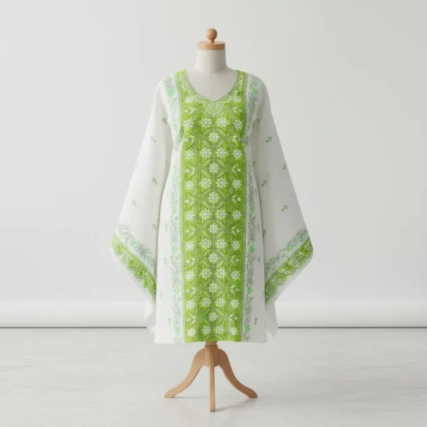 Premium White & Lime Green Cotton with Elegant Floral Embroidery
