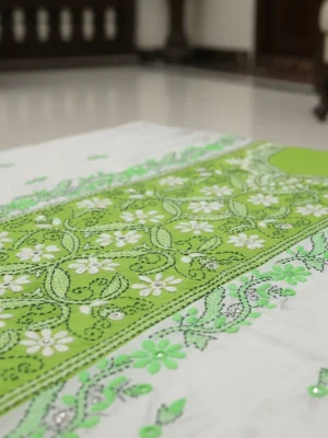 Premium White & Lime Green Cotton One-Piece with Elegant Floral Embroidery