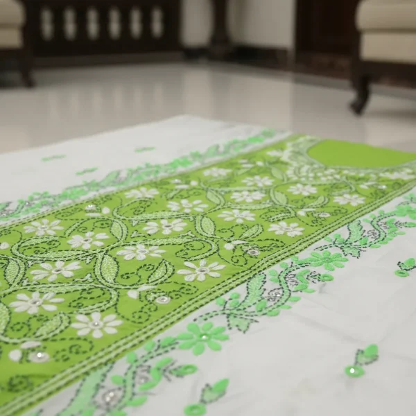 Premium White & Lime Green Cotton with Elegant Floral Embroidery