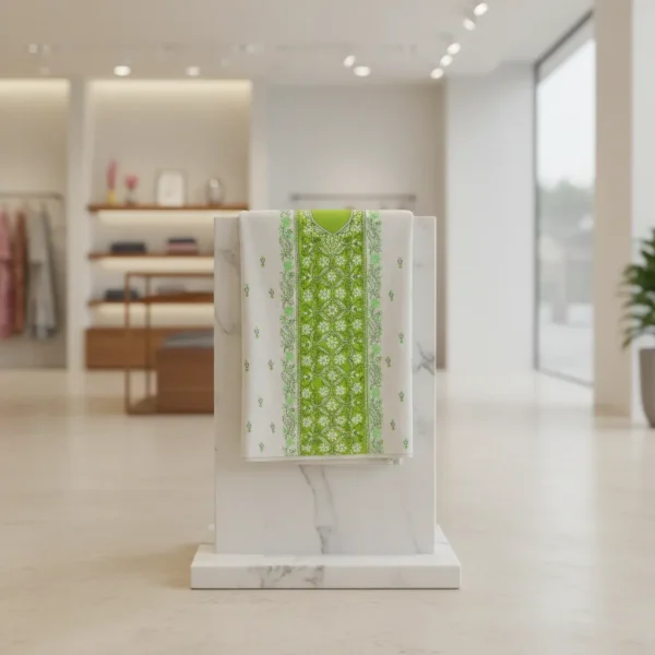 Premium White & Lime Green Cotton with Elegant Floral Embroidery