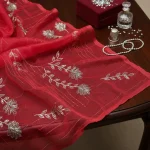 Elegant Coral Red Embroidered Dress Material with Floral Border