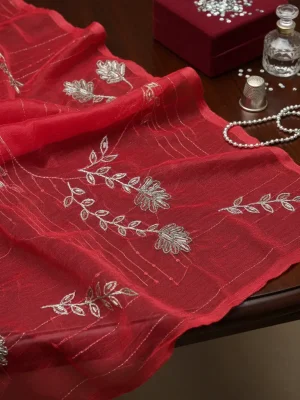 Elegant Coral Red Embroidered Dress Material with Floral Border