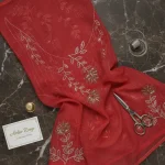 Elegant Coral Red Embroidered Dress Material with Floral Border