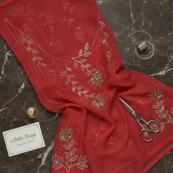 Elegant Coral Red Embroidered Dress Material with Floral Border