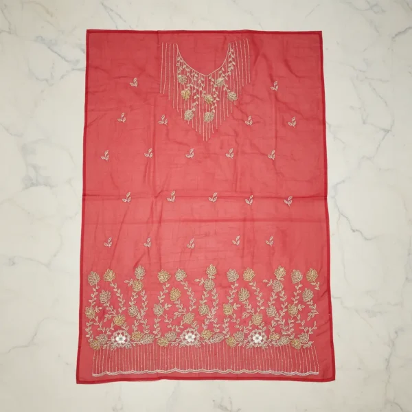 Elegant Coral Red Embroidered Dress Material with Floral Border