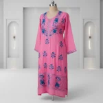 Pink Handwoven Textile with Blue Floral Embroidery – Traditional Elegance