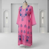 Pink Handwoven Textile with Blue Floral Embroidery – Traditional Elegance
