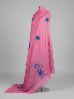 Pink Handwoven Textile with Blue Floral Embroidery – Traditional Elegance