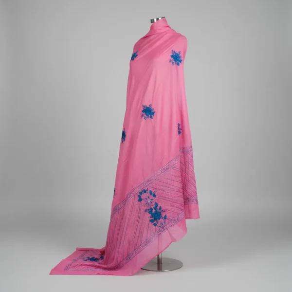 Pink Handwoven Textile with Blue Floral Embroidery – Traditional Elegance