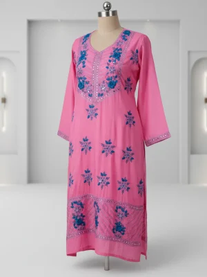 Pink Handwoven Textile with Blue Floral Embroidery – Traditional Elegance