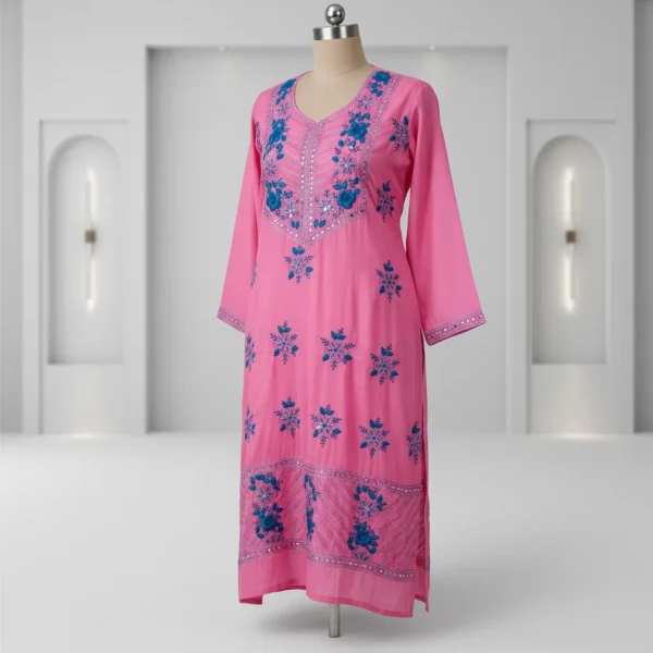 Pink Handwoven Textile with Blue Floral Embroidery – Traditional Elegance