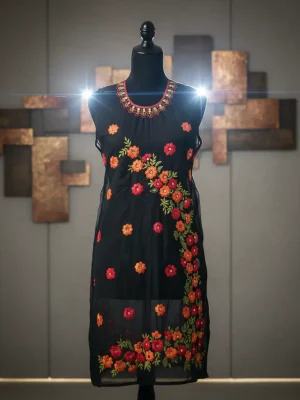 Black Embroidered Dress with Colorful Floral Design | Elegant Party Wear for Women