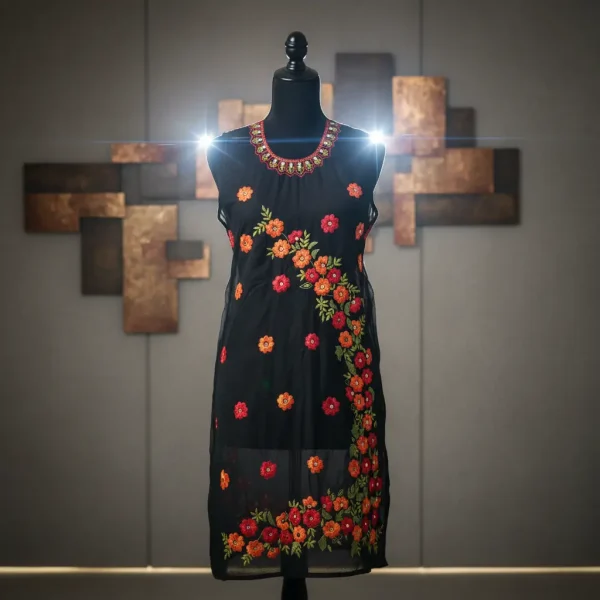 Black Embroidered Dress with Colorful Floral Design Elegant Party Wear for Women