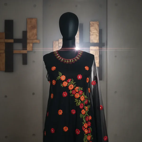 Black Embroidered Dress with Colorful Floral Design | Elegant Party Wear for Women