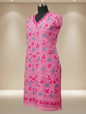 Vibrant Pink Floral Embroidered Dress Material with Blue Accents