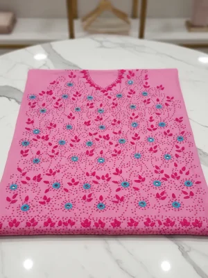 Vibrant Pink Floral Embroidered Dress Material with Blue Accents